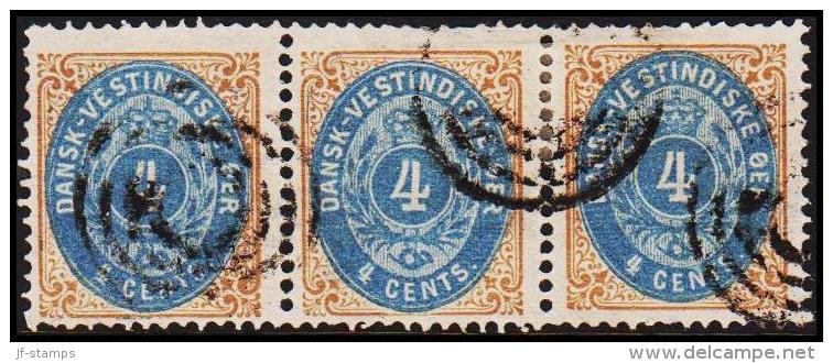 1873-1874. Bi-coloured. 4 C. Brown/blue. Normal Frame. Perf. 14x13½. 3-strip. (Michel: 7 Ib) - JF180541 - Dänisch-Westindien