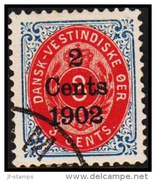 1902. Surcharge. Copenhagen Surcharge. 2 Cents 1902 On 3 C. Blue/red. Inverted Frame. (Michel: 25 II) - JF180536 - Danish West Indies