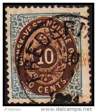 1876-1879. Bi-coloured. 10 C. Blue/dark Brown. Normal Frame. Perf. 14x13½. 6th Print. V... (Michel: 11 Ic) - JF180594 - Danish West Indies