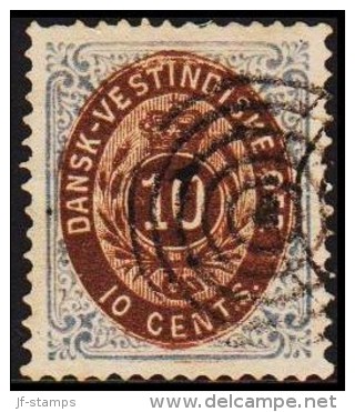 1876-1879. Bi-coloured. 10 C. Dark Ultramarine/dark Brown. 3rd Print. Normal Frame. Per... (Michel: 11 Ia) - JF180576 - Dänisch-Westindien