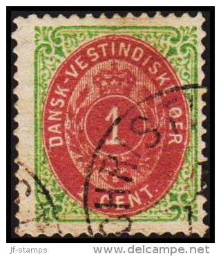 1873-1874. Bi-coloured. 1 C. Green/red. Normal Frame. Perf. 14x13½. 6th Print. (Michel: 5 Ib) - JF180443 - Danish West Indies