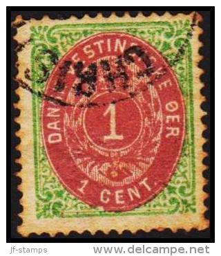 1873-1874. Bi-coloured. 1 C. Green/red. Normal Frame. Perf. 14x13½. 6th Print. (Michel: 5 Ib) - JF180446 - Deens West-Indië