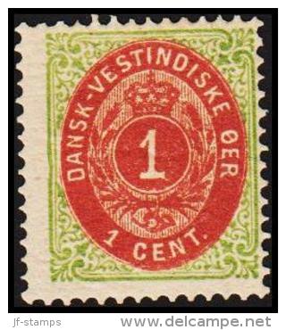 1873-1874. Bi-coloured. 1 C. Green/red. Inverted Frame. Perf. 14x13½. 7th Print. Pos. 63. (Michel: 5 IIb) - JF180450 - Dänisch-Westindien