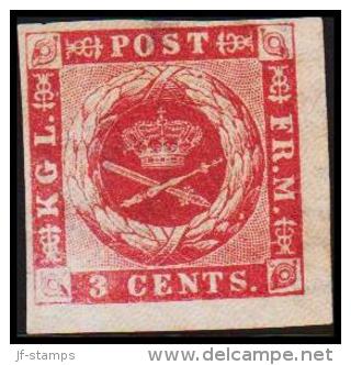 1866. 3 C. Carmine-rose, Burlage C Or D. Pl. 1 Pos 100. Thin Spot. (Michel: 2) - JF180402 - Deens West-Indië