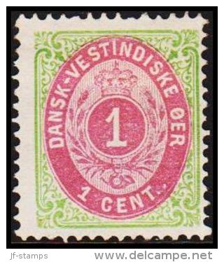 1873-1874. Bi-coloured. 1 C. Green/red. Normal Frame. Perf. 14x13½. 4th Print. Pos 55. (Michel: 5 Ib) - JF180435 - Dänisch-Westindien