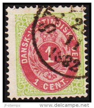 1873-1874. Bi-coloured. 1 C. Green/red. Normal Frame. Perf. 14x13½. 4th Print. (Michel: 5 Ib) - JF180434 - Dänisch-Westindien