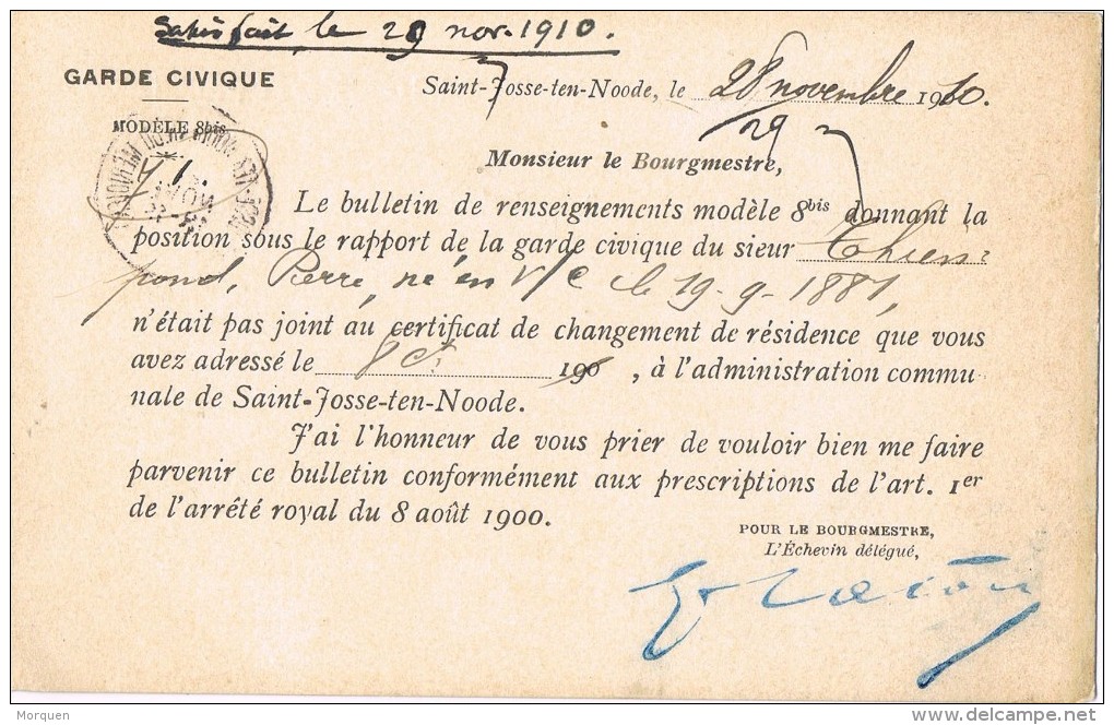 15667. Tarjeta Dienst Postkaart SAINT JOSSE - TEN NOODE (Belgien) 1910. Administration Communale - Otros & Sin Clasificación