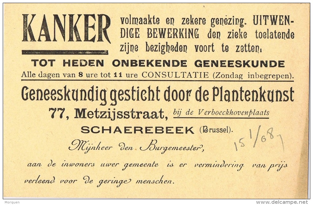 15668. Tarjeta Priva Preobliterado  BRUXELLES (Belgien) 1908. Roulotte. KANKER Comercial - Rollenmarken 1910-19