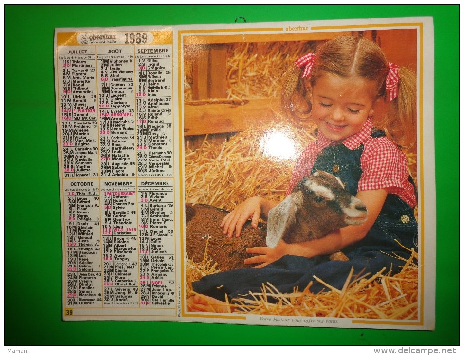 Calendrier 1989-oberthur Fillette-chevreau-oiseau-a L´interieur Yvelines-evry-haut De Seine Etc.. - Groot Formaat: 1981-90