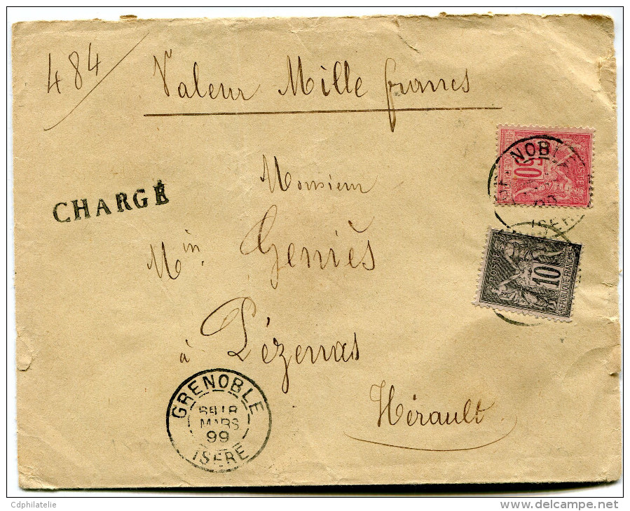 FRANCE LETTRE CHARGEE AFFRANCHIE AVEC UN N°89 ET UN N°98 DEPART GRENOBLE 18 MARS 99 ISERE POUR LA FRANCE - 1877-1920: Période Semi Moderne