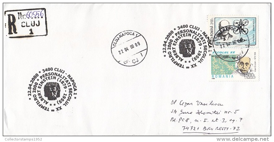 3074FM- ALBERT EINSTEIN, PERSONALITY, SPECIAL POSTMARKS AND STAMPS ON REGISTERED COVER, 2000, ROMANIA - Albert Einstein