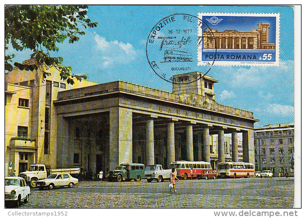 31921- BUCHAREST NORTH RAILWAY STATION SQUARE, BUSS, TRUCK, CAR, MAXIMUM CARD, 1977, ROMANIA - Maximum Cards & Covers
