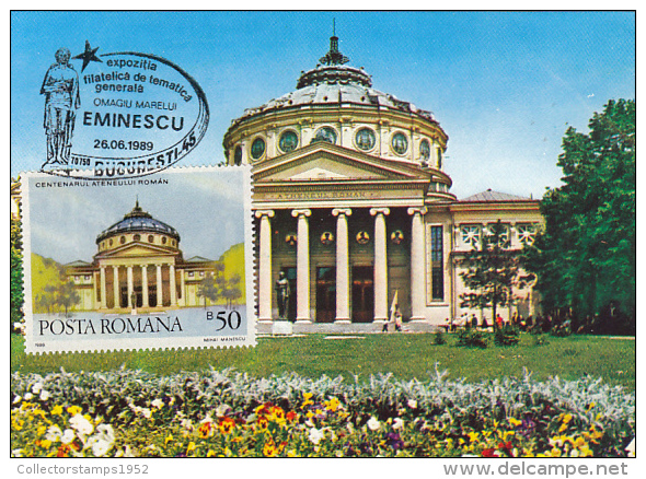 31935- BUCHAREST ROMANIAN ATHENEUM CENTENARY, TRIBUTE TO MIHAI EMINESCU, MAXIMUM CARD, 1989, ROMANIA - Maximum Cards & Covers