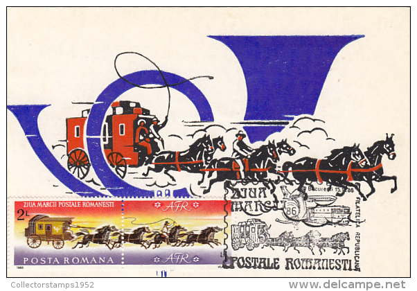31937- ROMANIAN STAMP'S DAY, PHILATELIC EXHIBITION, POST CHASE, PLANE, TRAIN, MAXIMUM CARD, 1986, ROMANIA - Maximum Cards & Covers