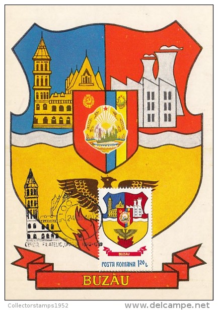 31941- BUZAU TOWN COAT OF ARMS, MAXIMUM CARD, 1980, ROMANIA - Maximum Cards & Covers