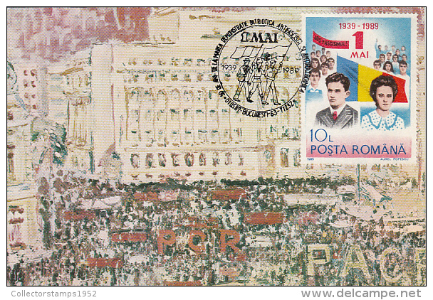 31945- PATRIOTIC DEMONSTRATION ANNIVERSARY, NICOLAE AND ELENA CEAUSESCU, MAXIMUM CARD, 1989, ROMANIA - Maximum Cards & Covers