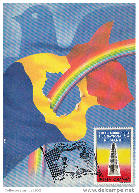 31946- NATIONAL DAY- DECEMBER 1ST, FLAG, DOVE, ENDLESS COLUMN, MAXIMUM CARD, 1990, ROMANIA - Maximum Cards & Covers