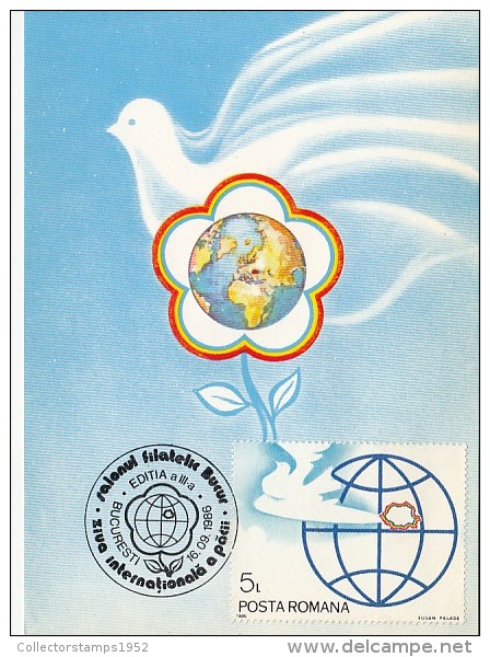 31954- INTERNATIONAL DAY OF PEACE, DOVE, EARTH, MAXIMUM CARD, 1986, ROMANIA - Maximum Cards & Covers