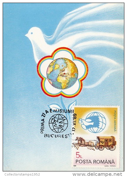 31958- PEACE, DOVE, EARTH, WASHINGTON PHILATELIC EXHIBITION, MAXIMUM CARD, OBLIT FDC, 1989, ROMANIA - Maximum Cards & Covers