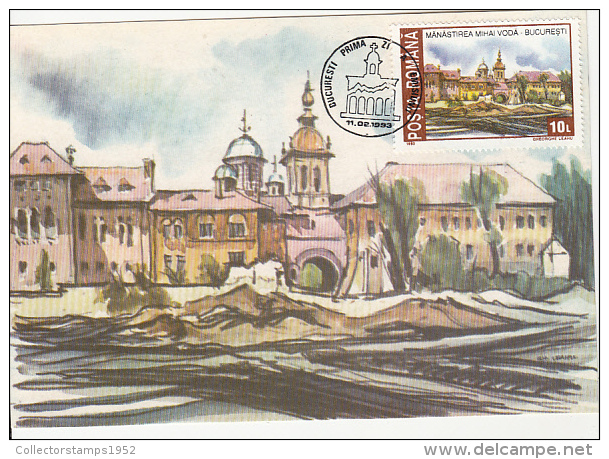 32057- BUCHAREST MIHAI VODA MONASTERY, ARCHITECTURE, MAXIMUM CARD, OBLIT FDC, 1993, ROMANIA - Abbayes & Monastères