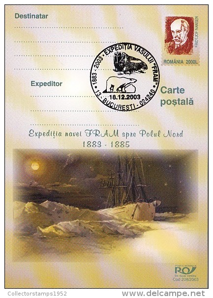 32074- FRAM ARCTIC EXPEDITION, SHIP, POLAR BEAR, WALRUS, F. NANSEN, POSTCARD STATIONERY, 2003, ROMANIA - Arctische Expedities