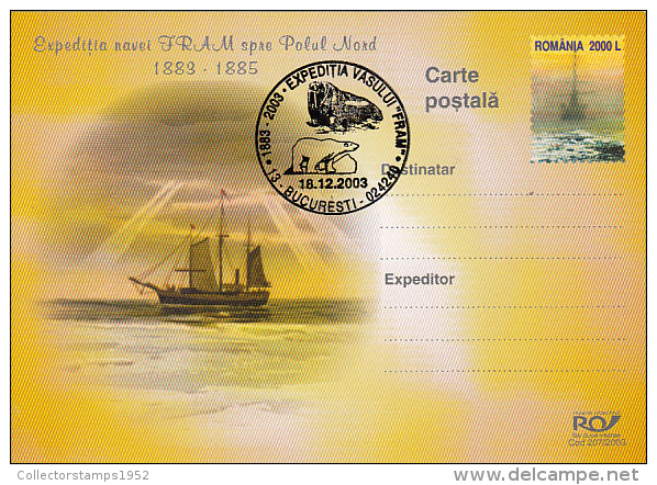 32076- FRAM ARCTIC EXPEDITION, SHIP, POLAR BEAR, WALRUS, POSTCARD STATIONERY, 2003, ROMANIA - Arctische Expedities