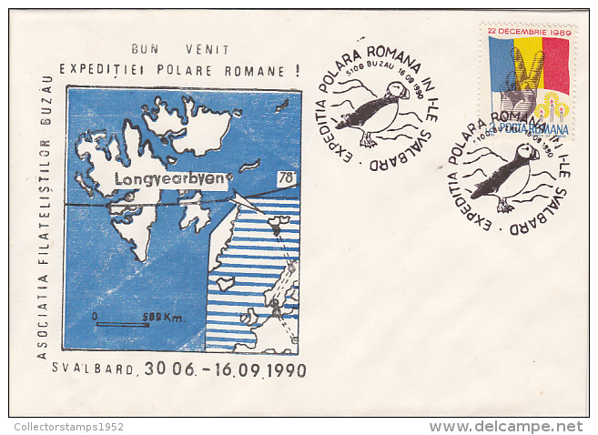 32080- ROMANIAN ARCTIC EXPEDITION, LONGYEARBYEN, SVALBARD, PUFFIN, SPECIAL COVER, 1990, ROMANIA - Spedizioni Artiche