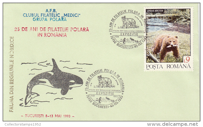 32084- BROWN BEAR, PENGUIN, REINDEER, KILLER WHALE, ORCA, ARCTIC WILDLIFE, SPECIAL COVER, 1993, ROMANIA - Fauna ártica