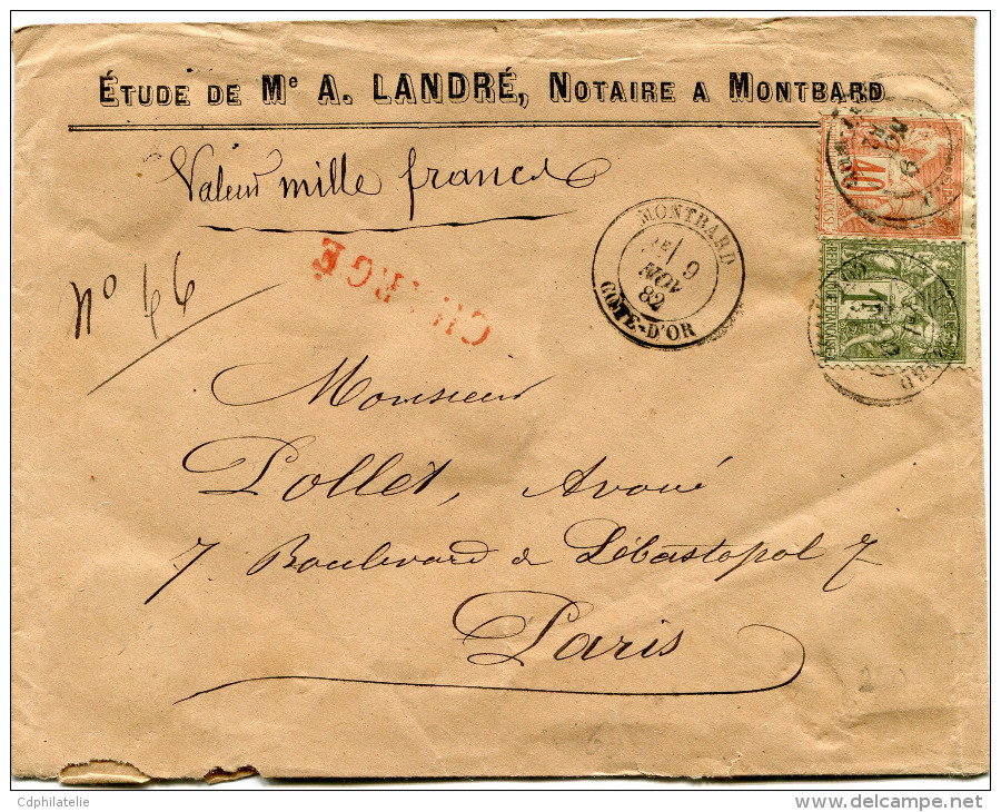 FRANCE LETTRE CHARGEE AFFRANCHIE AVEC UN N°82 ET UN N°94 DEPART MONTBARD 9 NOV 82 COTE-D'OR POUR LA FRANCE - 1877-1920: Période Semi Moderne