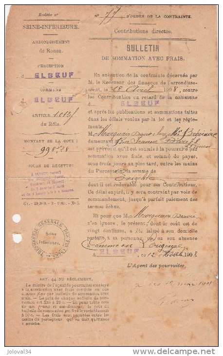 1908 Contributions Directes Sommation Avec Frais ELBEUF Seine Inférieure ( Maritime ) Avec 2 Reçus : Payé En 2 Fois - Historical Documents