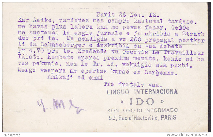 France IDO UNIONO Por La LINGUO INTERNACIONAL Esperanto 1912 To LONDON Semeuse (2 Scans) - 1906-38 Säerin, Untergrund Glatt