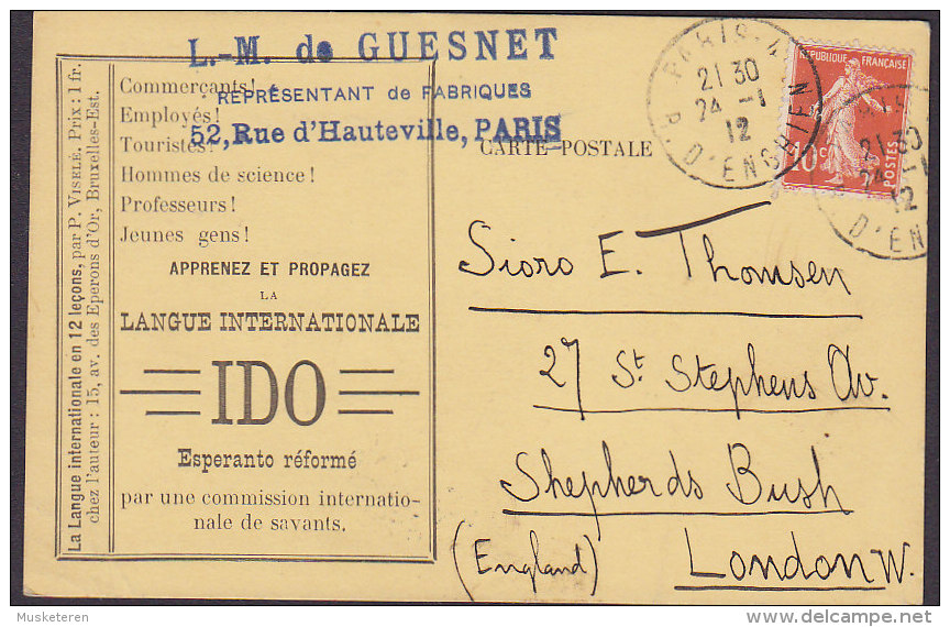 France IDO LANGUE INTERNACIONAL Esperanto PARIS R. D' Enghien 1912 To LONDON Semeuse (2 Scans) - 1906-38 Säerin, Untergrund Glatt