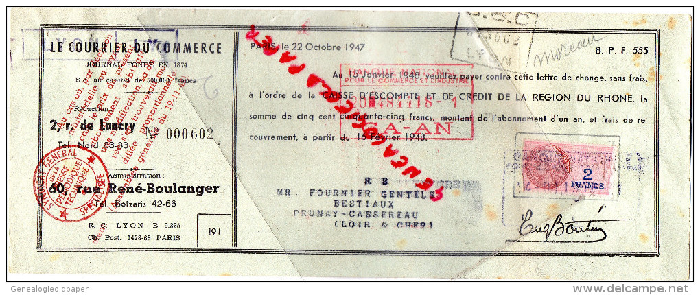75 - PARIS - TRAITE LE COURRIER DU COMMERCE JOURNAL- 2 RUE LANCRY- 1947- FOURNIER GENTILS A PRUNAY CASSEREAU - 1900 – 1949