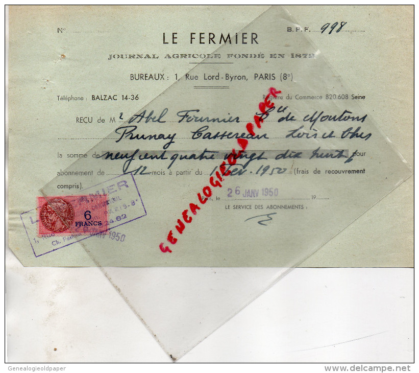 75 - PARIS - RECU DE ABEL FOURNIER PRUNAY CASSEREAU- JOURNAL AGRICOLE LE FERMIER - 1950 - 1950 - ...