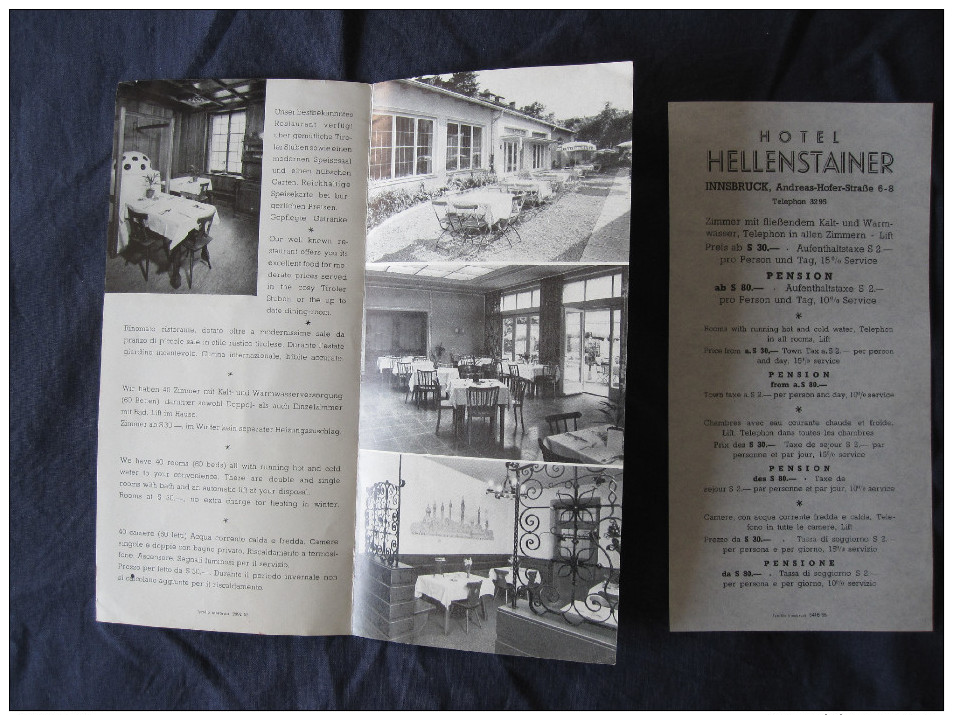 Old Tourist Brochure - Austria, Innsbruck, Hotel Hellenstainer 1957 (German, Italian, English) And Sticker - Cuadernillos Turísticos