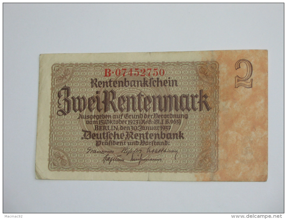 2 Zwei Rentenmark 1937 - Allemagne - Germany **** EN ACHAT IMMEDIAT **** - 1.000 Reichsmark