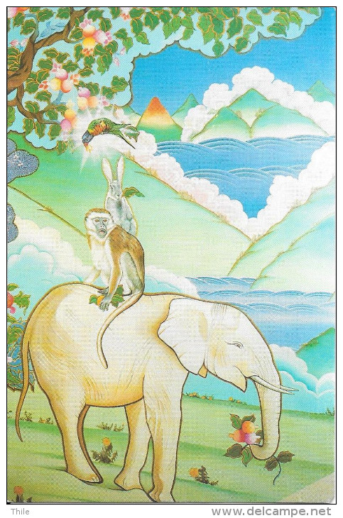 Les 4 Amis - Peinture De C. Guillemin - Fresque Du Temple De Kagyu Ling - La Boulaye - éléphant - Singe - Lapin - Bouddhisme