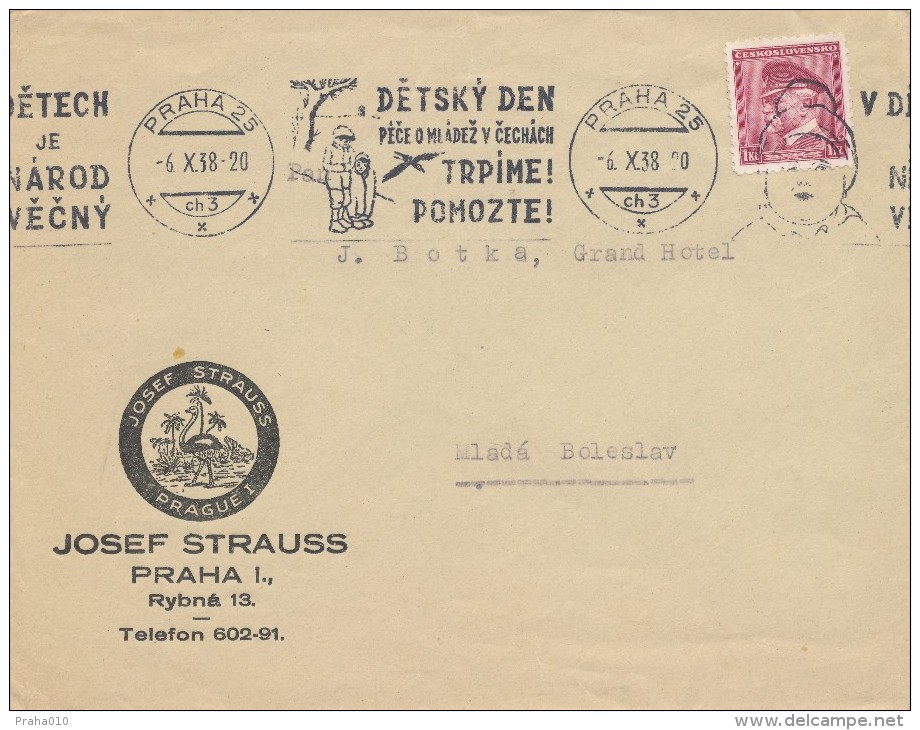 K2982 - Czechoslovakia (1938) Praha 25 (ch3): Children´s Day... (letter) Sender: Josef Strauss, Prague (logo: Ostrich !) - Struzzi