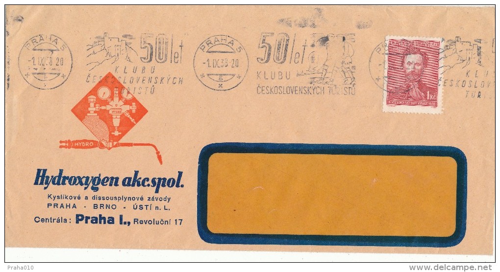 K3046 - Czechoslovakia (1938) Praha 5 (g): 50 Years Of The Club Of Czechoslovak Tourists (letter) - Other & Unclassified