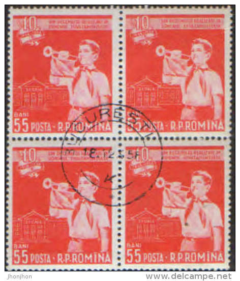 Romania -   Scouting, Pioneer 1958 ,obitereted Stamps In Block 4,complete Issue - Oblitérés