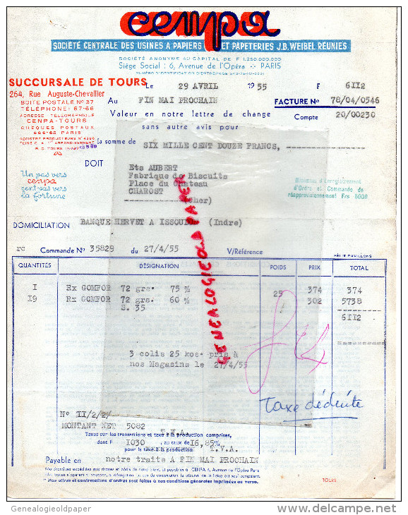 75 - PARIS - FACTURE CENPA - SUCCURSALE DE TOURS - 264 RUE AUGUSTE CHEVALIER- USINE A PAPIERS PAPETERIE J.B. WEIBEL-1955 - 1950 - ...