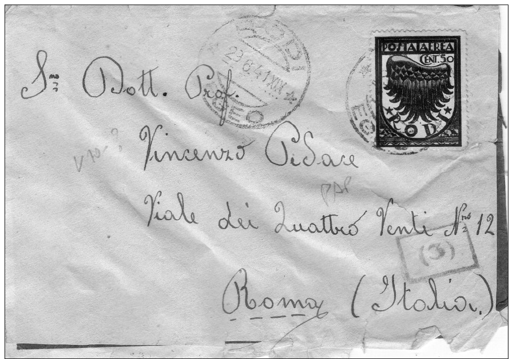 ITALIA Storia Postale  Colonie  Rodi   Cent. 50    Del  28 - 8 - 1941  X Roma - Altri & Non Classificati