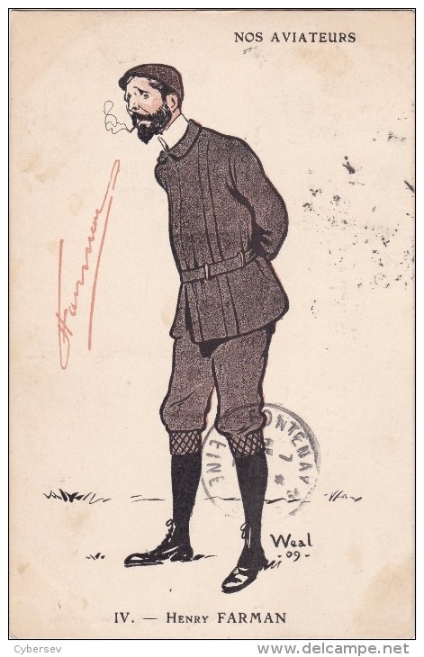 NOS AVIATEURS - Dessin Humoristique De Weal -09- Henry FARMAN Signé - Carte Datée De 1912 - Flieger