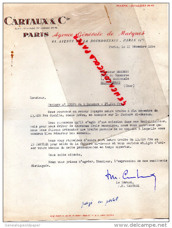 75007 - 75 - PARIS - FACTURE CARTAUX & CIE- AGENCE DE MARQUES- 68 AV. DE LA BOURDONNAIS-1954 - 1950 - ...