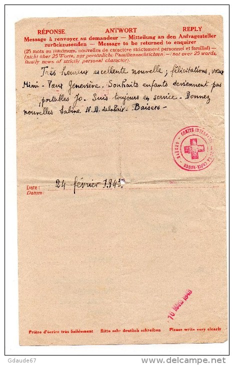 1943 - RARE FORMULAIRE COMITE INTERNATIONAL DE LA CROIX ROUGE à GENEVE Avec CACHET CROIX ROUGE SIEGE De VICHY (ALLIER) - Guerre De 1939-45