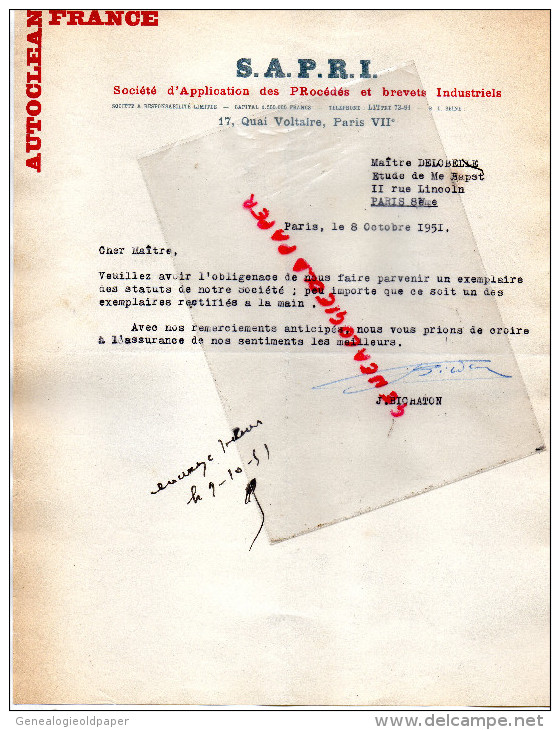 75007 - 75 -  PARIS - LETTRE SAPRI- BREVETS INDUSTRIELS- 17 QUAI VOLTAIRE- 1951 - 1950 - ...