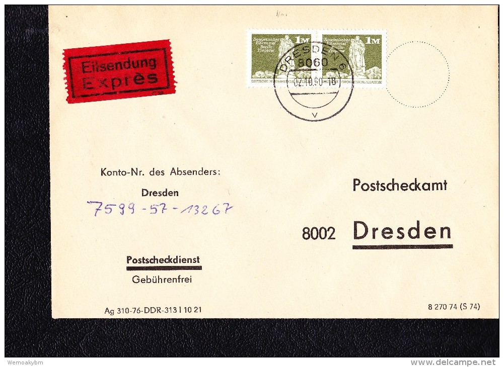 DDR: Ps-Eil-Brief 100 Pf Bauwerke Aus Rolle Im Paar Auf Postscheckbrief Aus DRESDEN 6 Vom 2.10.90  Knr: 1968 (2) - Briefe U. Dokumente