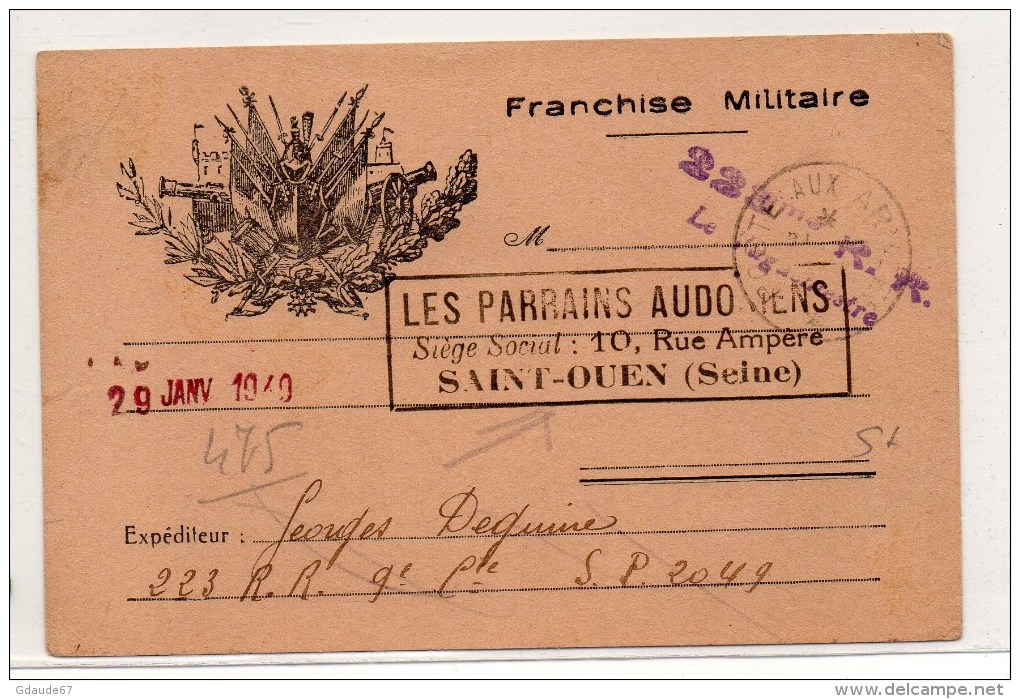 1940 - CARTE DE FRANCHISE MILITAIRE Avec CACHET "LES PARRAINS AUDONIENS / SAINT OUEN" - Guerra Del 1939-45