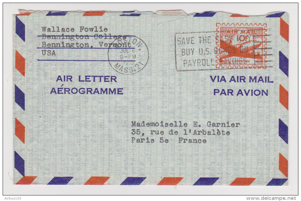 USA AIR LETTER AEROGRAMME BOSTON MASSACHUSSETS 6 JUILLET 1959 POUR PARIS FRANCE - 2 Scans - - 1941-60