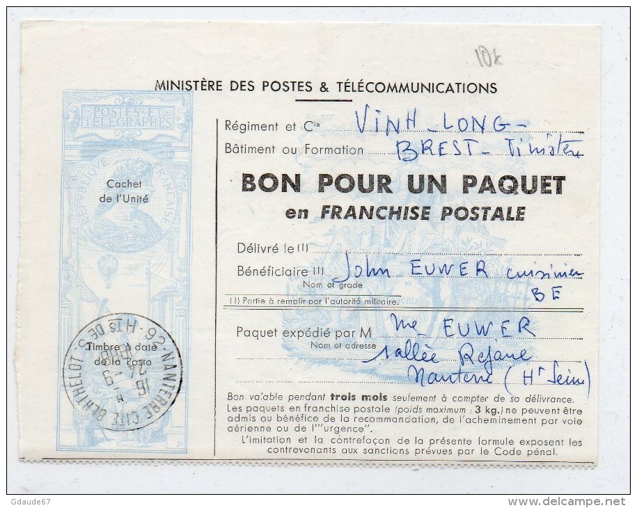 1966 - BON POUR UN PAQUET EN FRANCHISE POSTALE De NANTERRE Pour BREST (FINISTERE) - Militärstempel Ab 1900 (ausser Kriegszeiten)